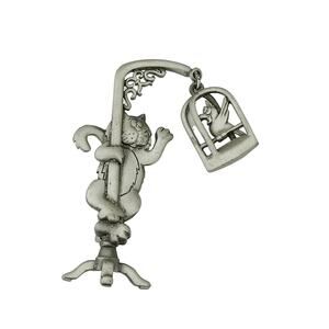 Vintage JJ Jonette Silver Tone Cat & Bird in cage Dangle Articulated Brooch Pin